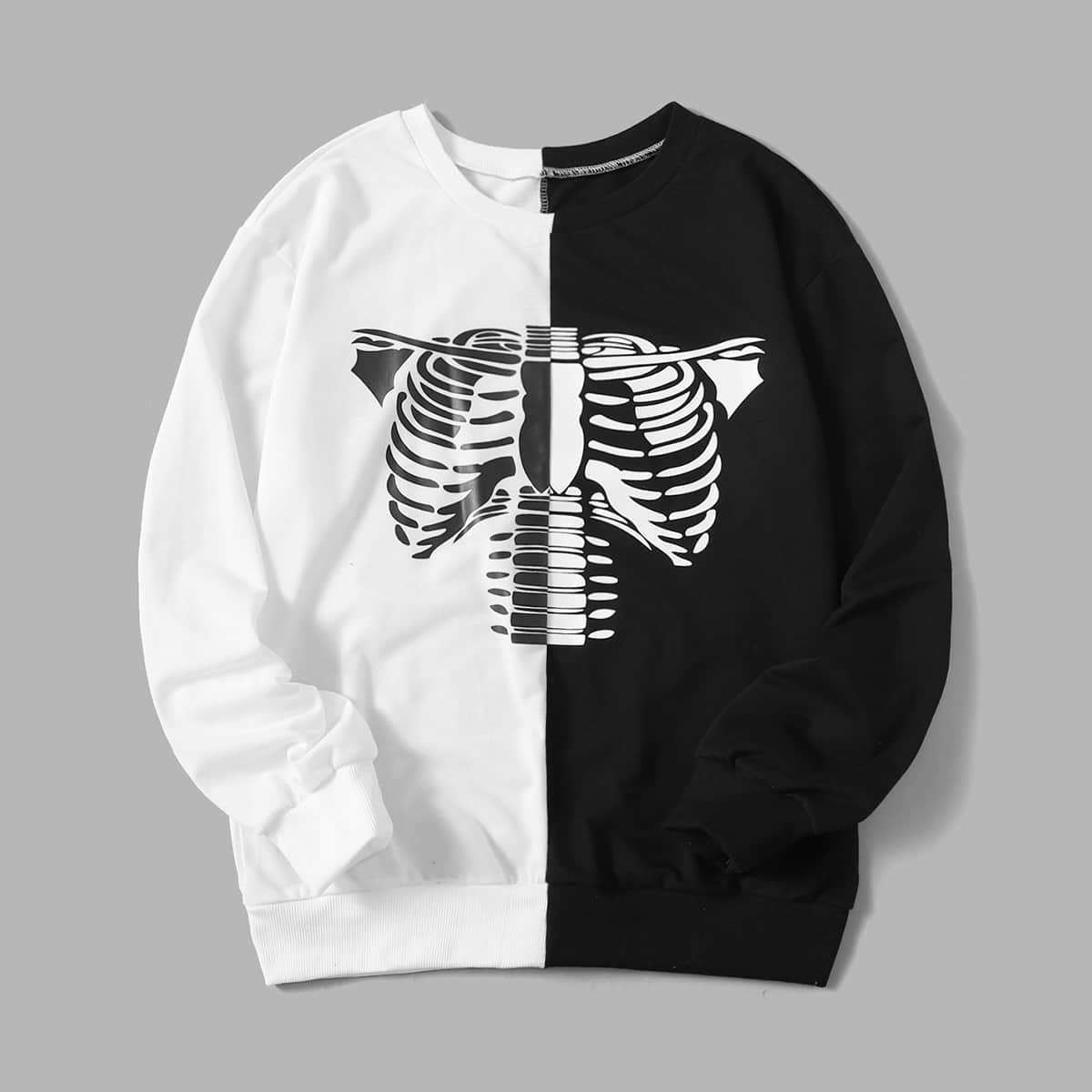 

Colorblock & Skeleton Print Sweatshirt, Black and white
