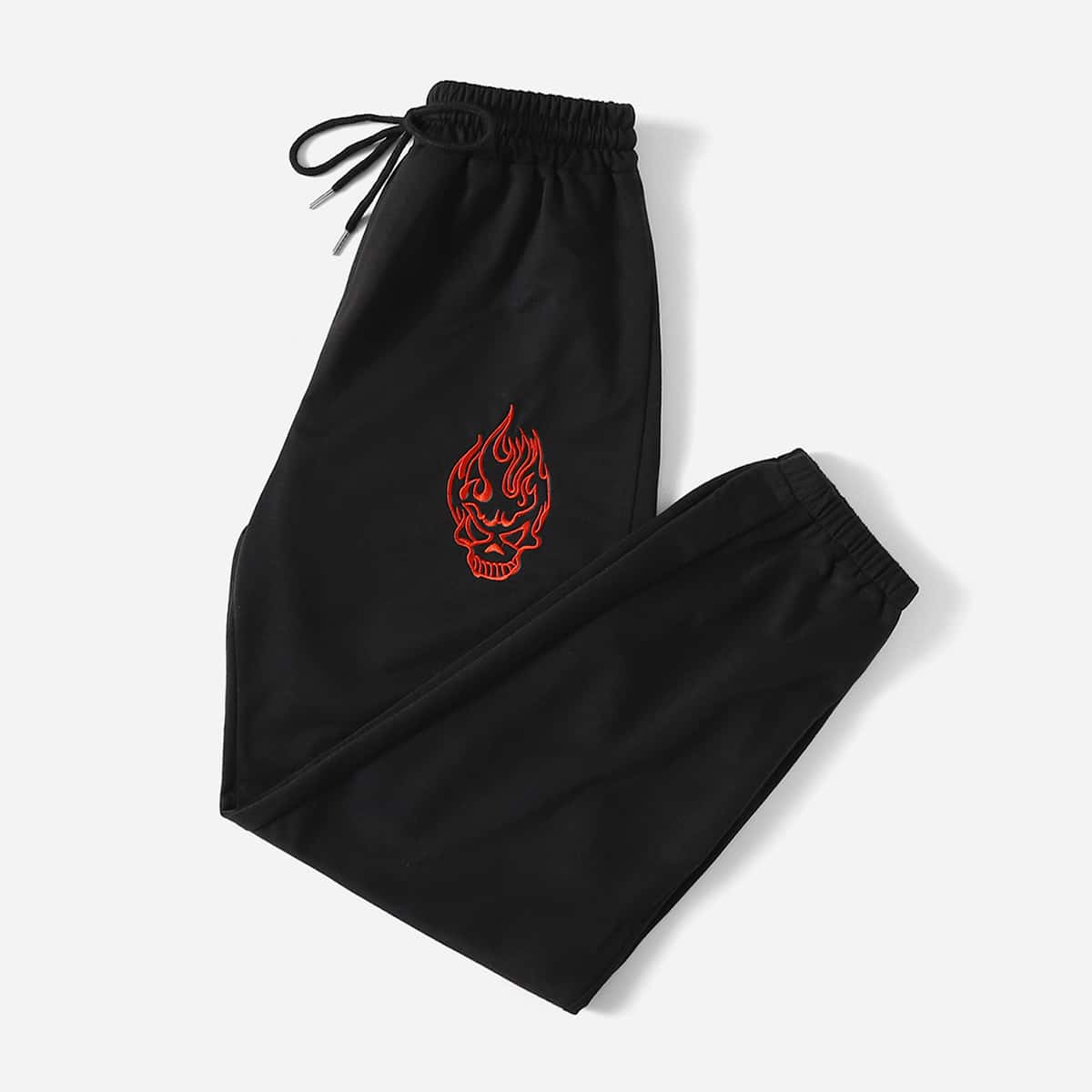 

Skull Embroidery Drawstring Sweatpants, Black