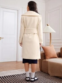 SHEIN Shawl Collar Slant Pockets Belted Overcoat - Apricot - View 2
