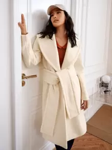 SHEIN Shawl Collar Slant Pockets Belted Overcoat - Apricot - View 1