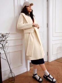 SHEIN Shawl Collar Slant Pockets Belted Overcoat - Apricot - View 5