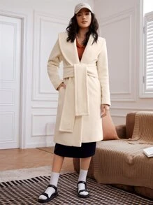 SHEIN Shawl Collar Slant Pockets Belted Overcoat - Apricot - View 6