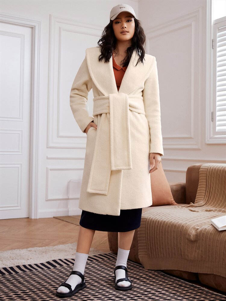SHEIN Com cinto Simples elegante Sobretudos femininos - Damasco - Visão 6