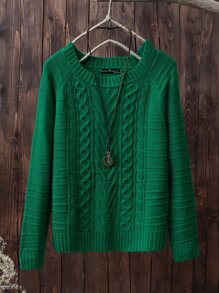 SHEIN LUNE Cable Knit Raglan Sleeve Jumper - Dark Green - View 1