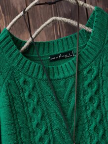 SHEIN LUNE Cable Knit Raglan Sleeve Jumper - Dark Green - View 4