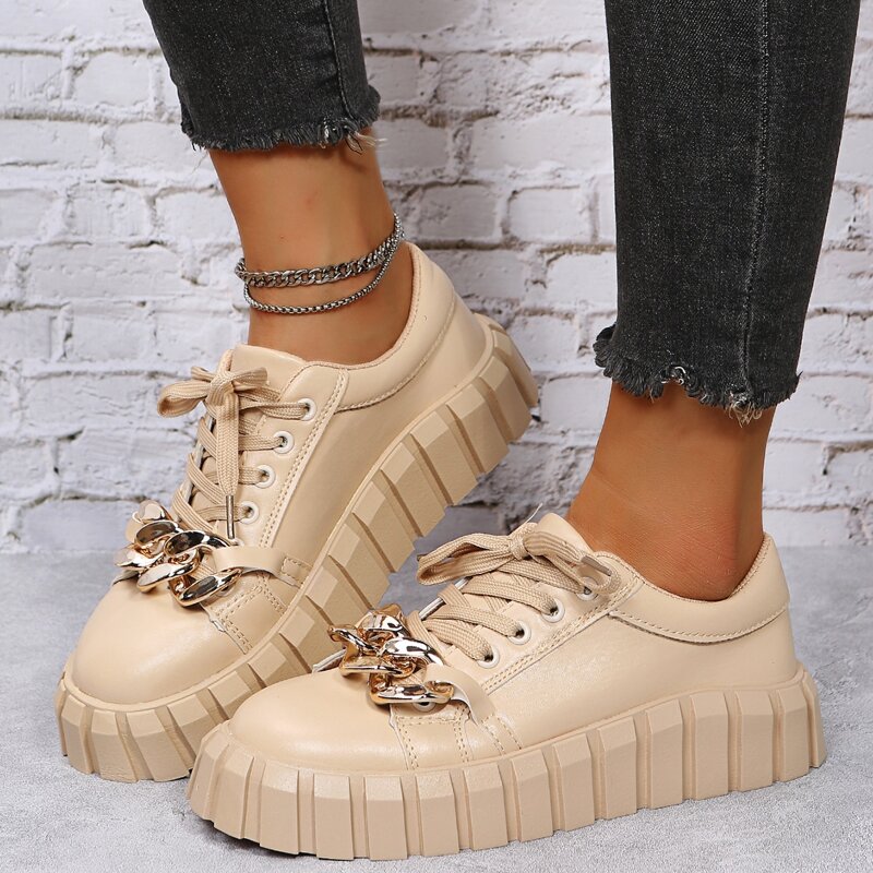 

Solid Chain Decor Lace Up Front Skate Shoes, Khaki