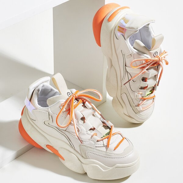 

Colorblock Stitch Detail Lace-up Front Chunky Sneakers, Beige