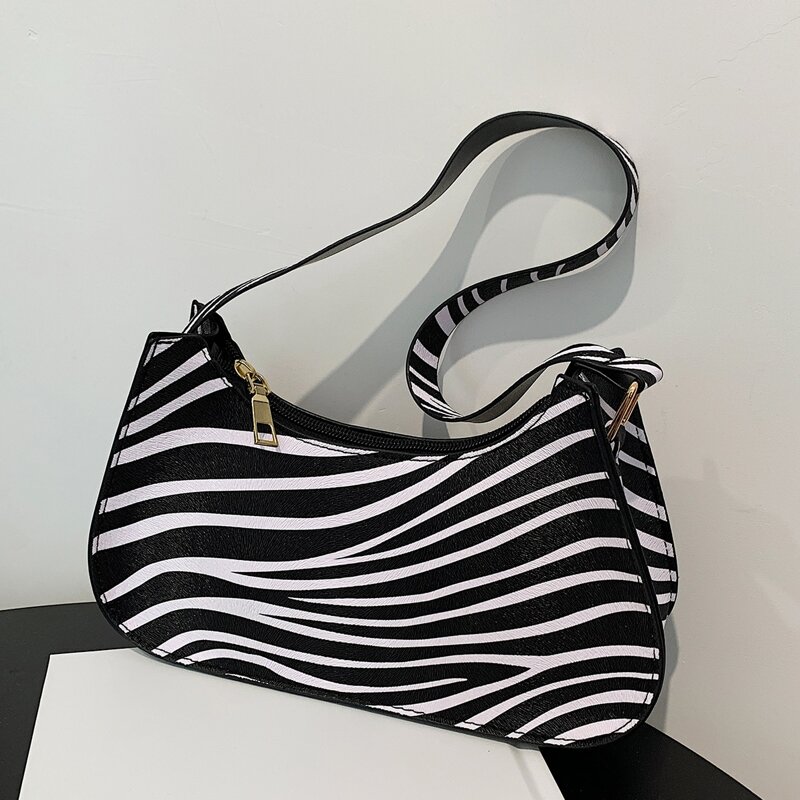 

Zebra Striped Shoulder Bag, Black and white
