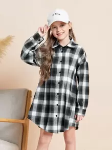 SHEIN Girls Tartan Print Drop Shoulder Fold Pleated Shirt Dress - Black and White - View 1