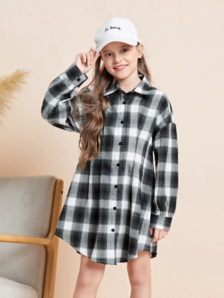 SHEIN Girls Tartan Print Drop Shoulder Fold Pleated Shirt Dress - Black and White - View 1