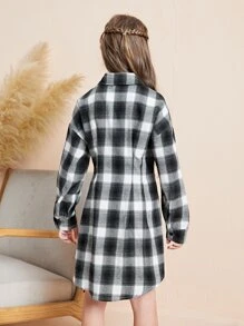 SHEIN Girls Tartan Print Drop Shoulder Fold Pleated Shirt Dress - Black and White - View 2