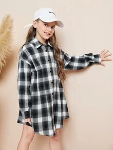 SHEIN Girls Tartan Print Drop Shoulder Fold Pleated Shirt Dress - Black and White - View 3