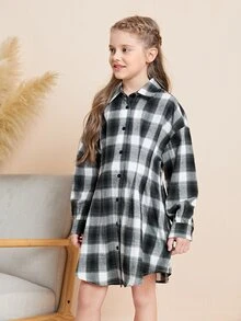 SHEIN Girls Tartan Print Drop Shoulder Fold Pleated Shirt Dress - Black and White - View 4