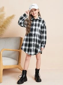 SHEIN Girls Tartan Print Drop Shoulder Fold Pleated Shirt Dress - Black and White - View 5