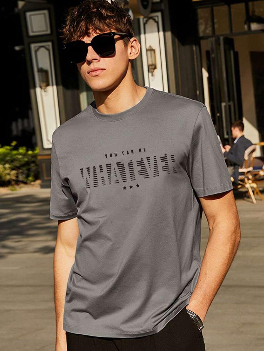 Hombres Camiseta con estampado de estrella & slogan - Gris Oscuro - Ver 1