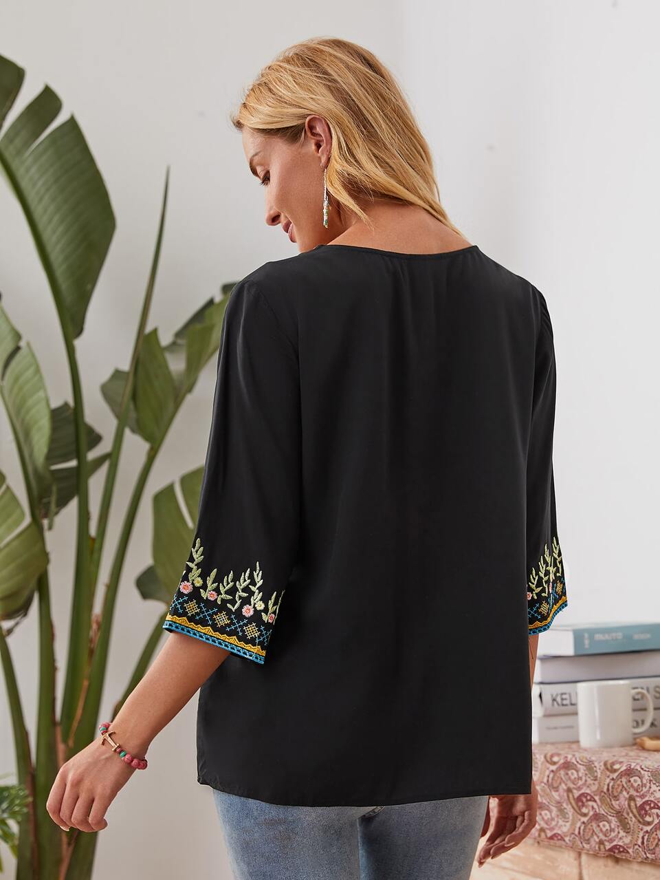 V-neck Embroidery Detail Top