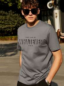 Hombres Camiseta con estampado de estrella & slogan - Gris Oscuro - Ver 4