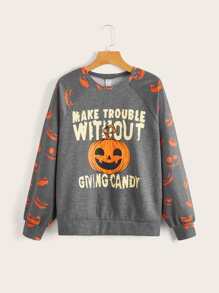 SHEIN Teen Girls Slogan & Halloween Print Raglan Sleeve Sweatshirt - Grey - View 1