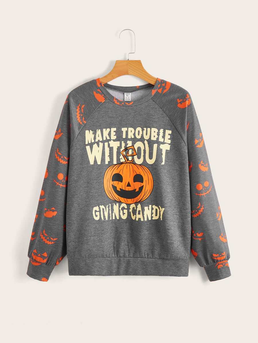 SHEIN Teen Girls Slogan & Halloween Print Raglan Sleeve Sweatshirt - Grey - View 1