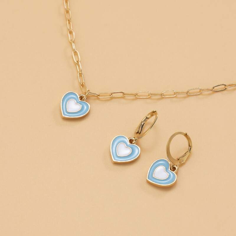 

Heart Decor Chain Necklace & Earrings, Blue
