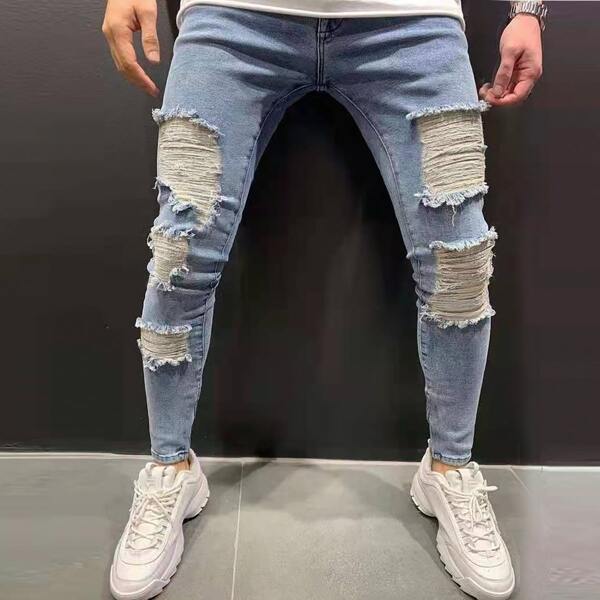 

Men Ripped Bleach Wash Skinny Jeans, Light wash