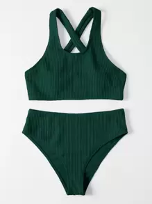 SHEIN Swim Summer Beach Rib Knit Cross Back High Waisted Bikini - Dark Green - View 3