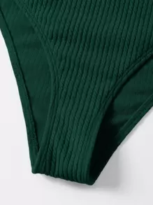 SHEIN Swim Summer Beach Rib Knit Cross Back High Waisted Bikini - Dark Green - View 5