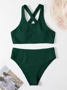 SHEIN Swim Summer Beach Rib Knit Cross Back High Waisted Bikini - Dark Green - View 7