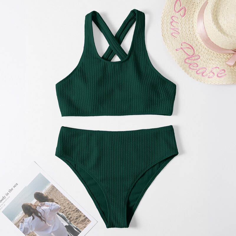 

Textured High Waisted Bikini Swimsuit, Dark green