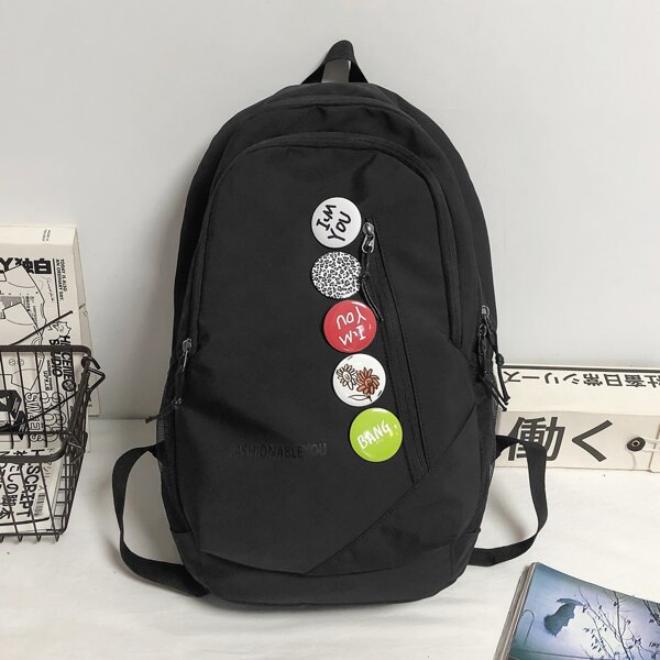 

Men Badge Decor Zip Backpack, Black