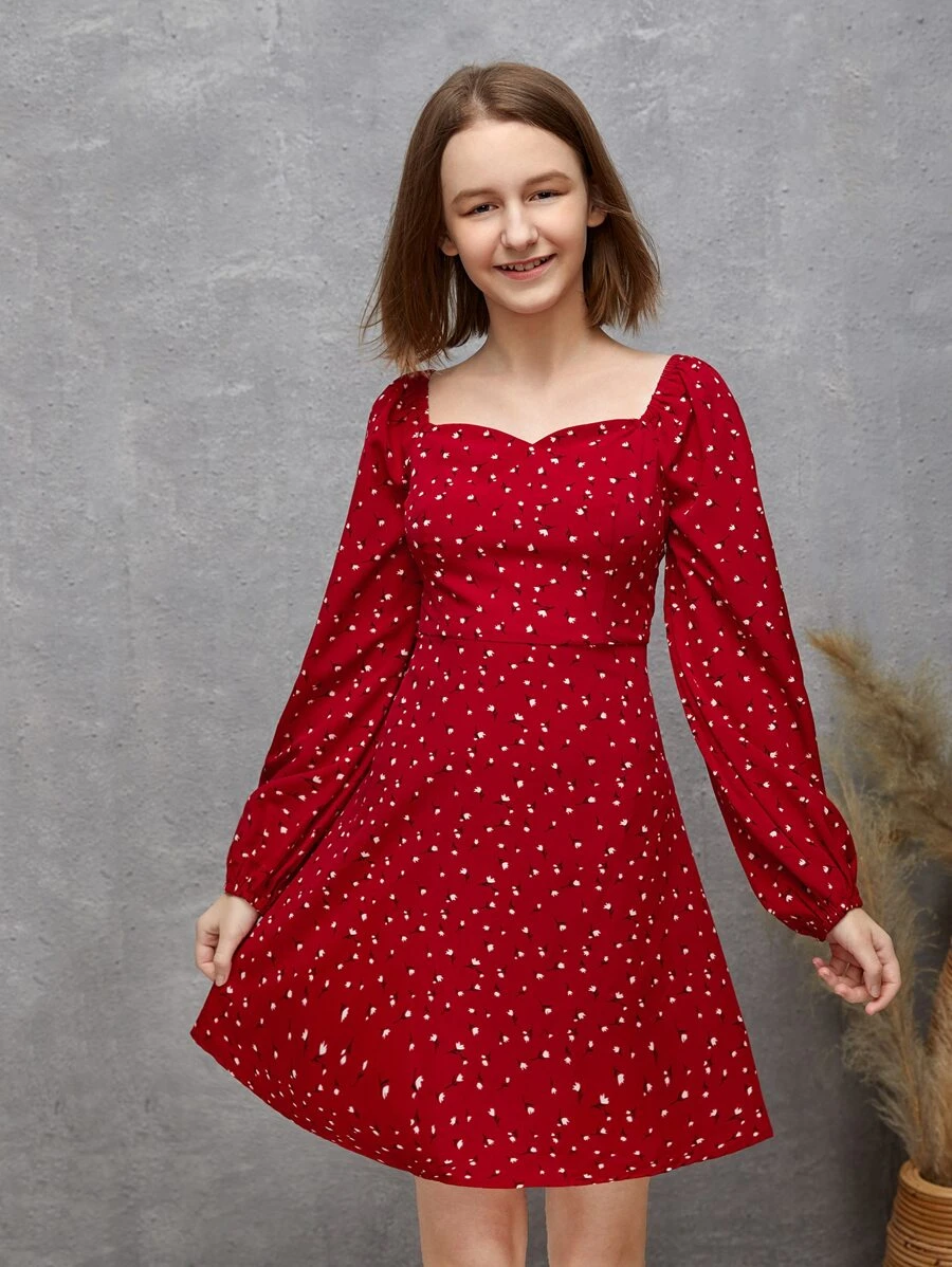 SHEIN 青少年女孩小碎花雞心領口洋裝