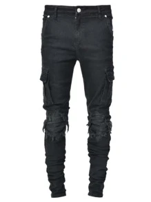 ROMWE MEN Guys Distressed Cargo Jeans - Black - View 1