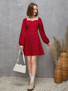 SHEIN 青少年女孩小碎花雞心領口洋裝