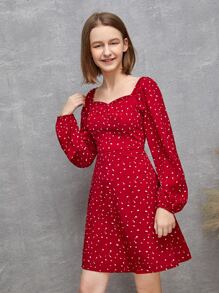 SHEIN 青少年女孩小碎花雞心領口洋裝