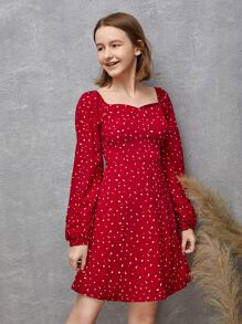 SHEIN 青少年女孩小碎花雞心領口洋裝