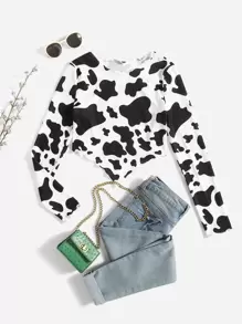 SHEIN 青少年女孩奶牛圖案木耳邊方巾下擺T恤 - 黑與白 - 查看 1