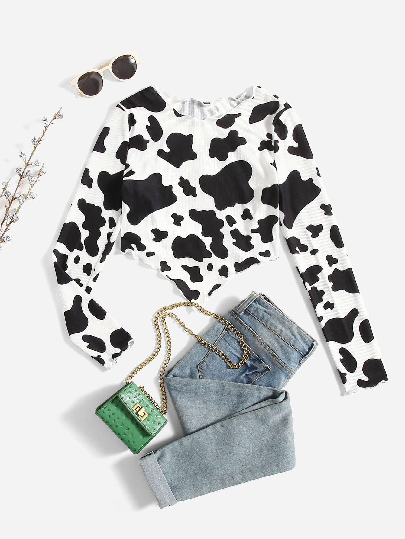 SHEIN 青少年女孩奶牛圖案木耳邊方巾下擺T恤 - 黑與白 - 查看 1