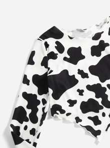 SHEIN 青少年女孩奶牛圖案木耳邊方巾下擺T恤 - 黑與白 - 查看 3