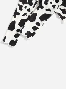 SHEIN 青少年女孩奶牛圖案木耳邊方巾下擺T恤 - 黑與白 - 查看 4