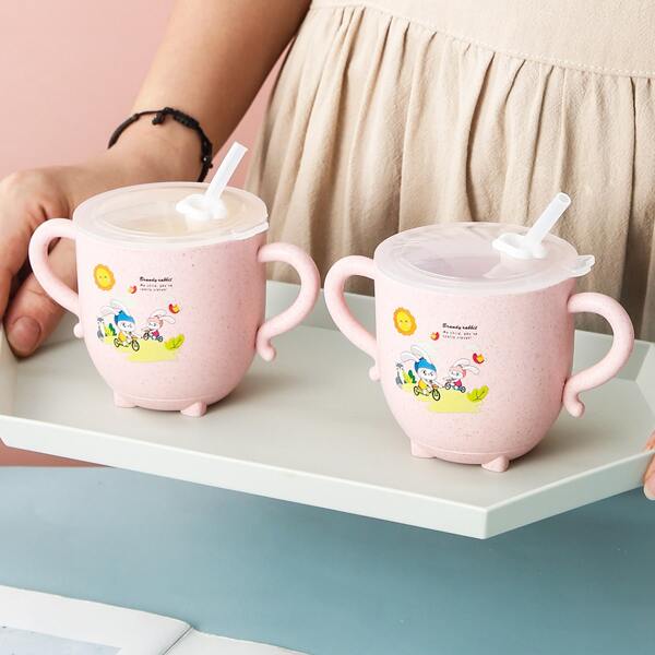 

1pc Cartoon Graphic Water Cup With Cover, Pink