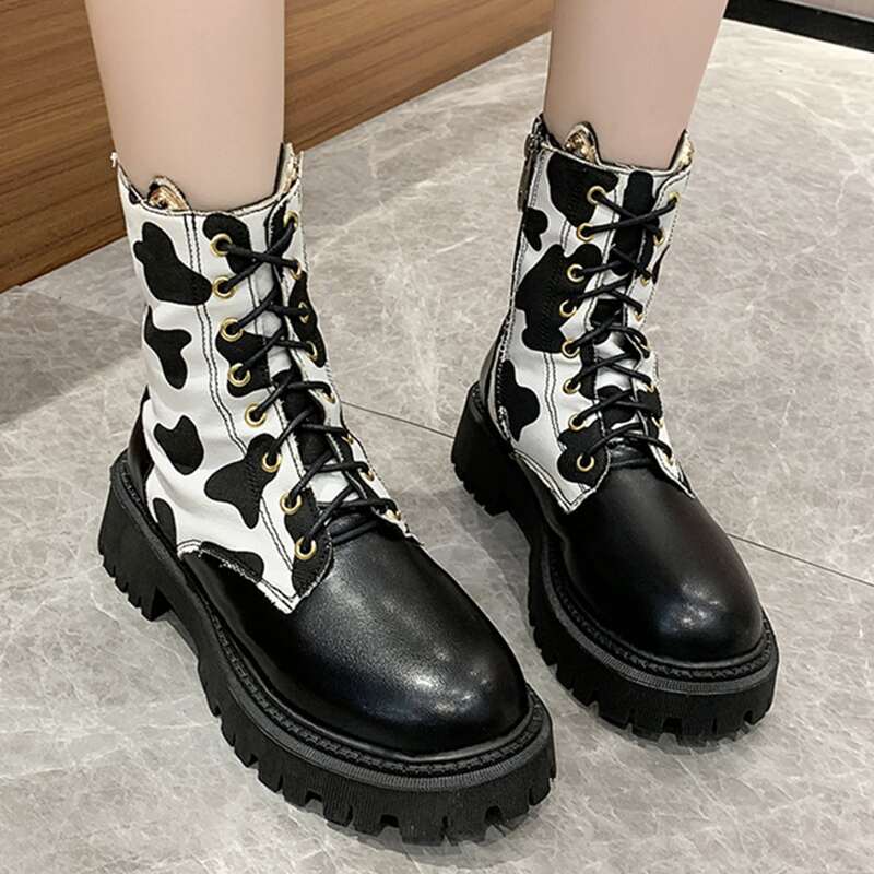 

Cow Print Lace Up Front Boots, Black