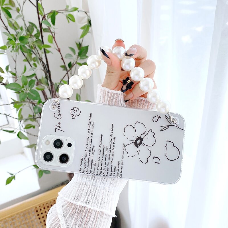 

Letter Graphic Phone Case With Faux Pearl Beaded Hand Strap, Multicolor