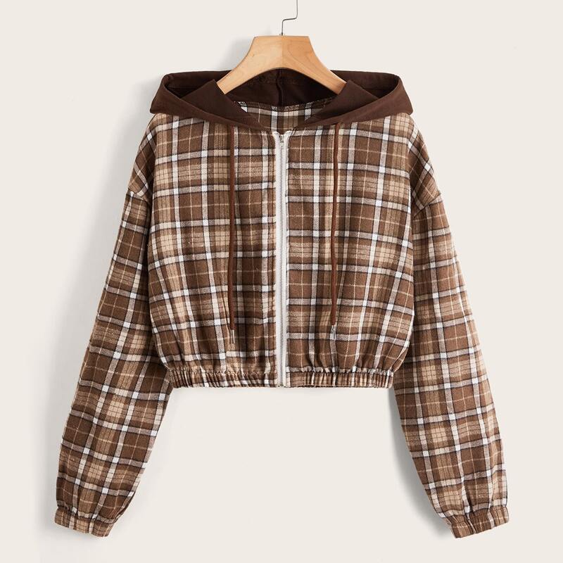 

Plaid Zip Up Drawstring Hooded Jacket, Multicolor