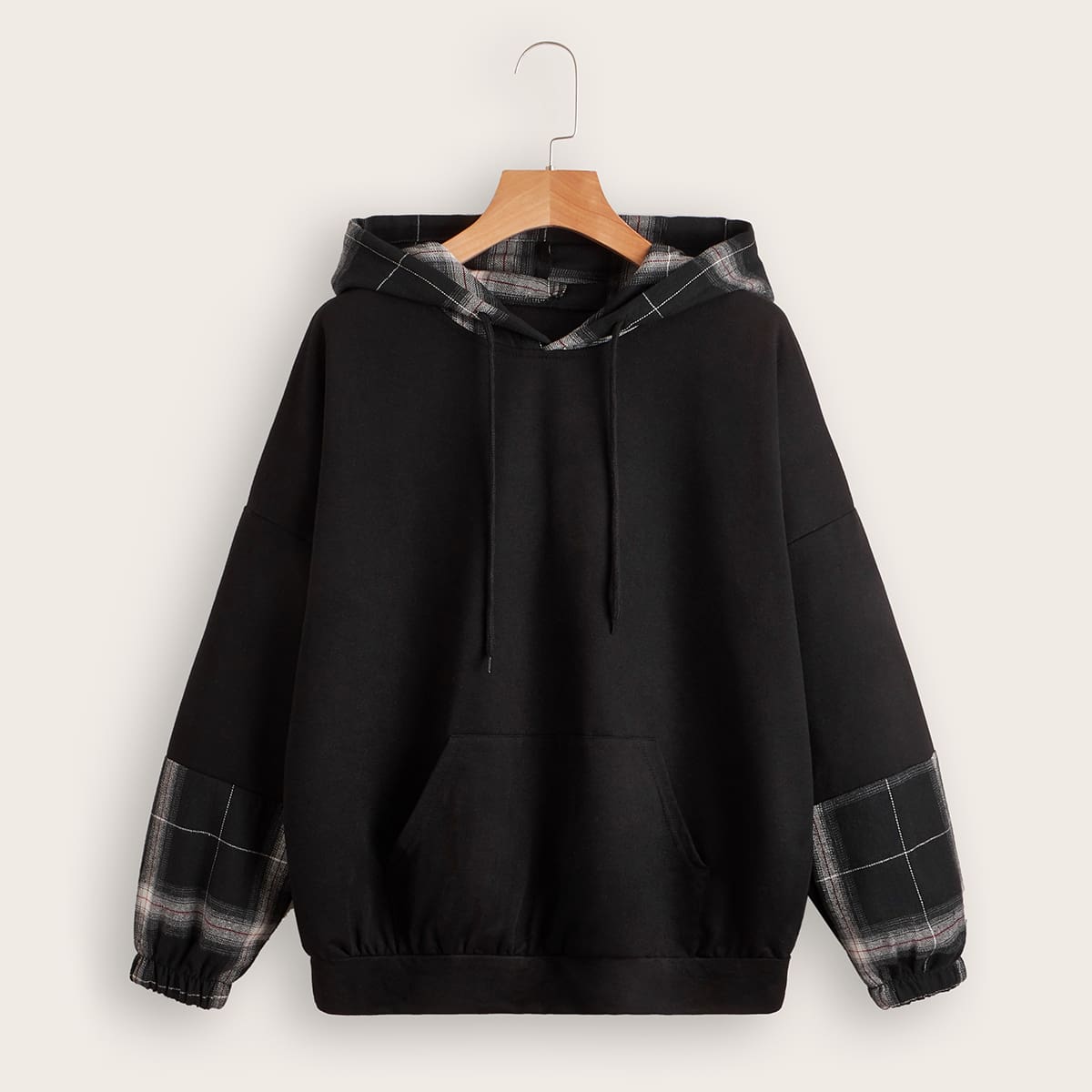

Contrast Plaid Pocket Drawstring Hoodie, Black