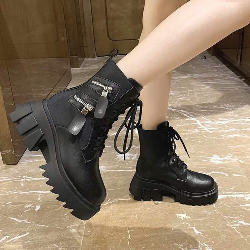 

Zip Decor Lace Up Front Platform Boots, Black