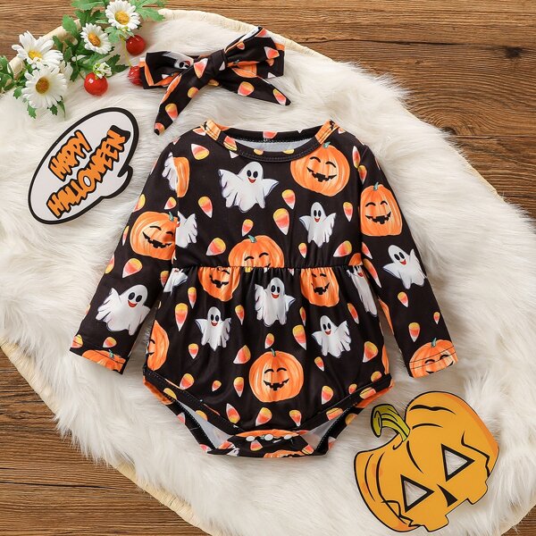 

Baby Halloween Print Tee Bodysuit & Headband, Multicolor