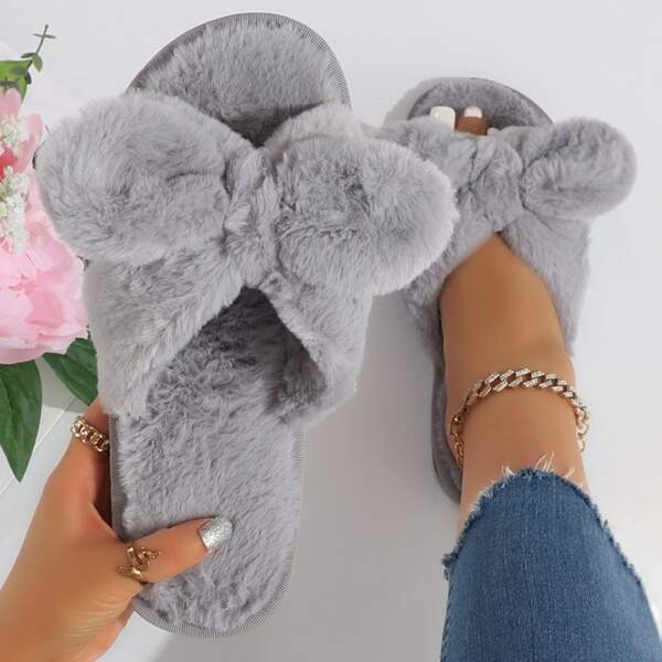 

Knot Detail Fluffy Home Slippers, Grey