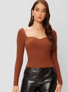 Sweetheart Neck Long Sleeve Top - Rust Brown - View 1