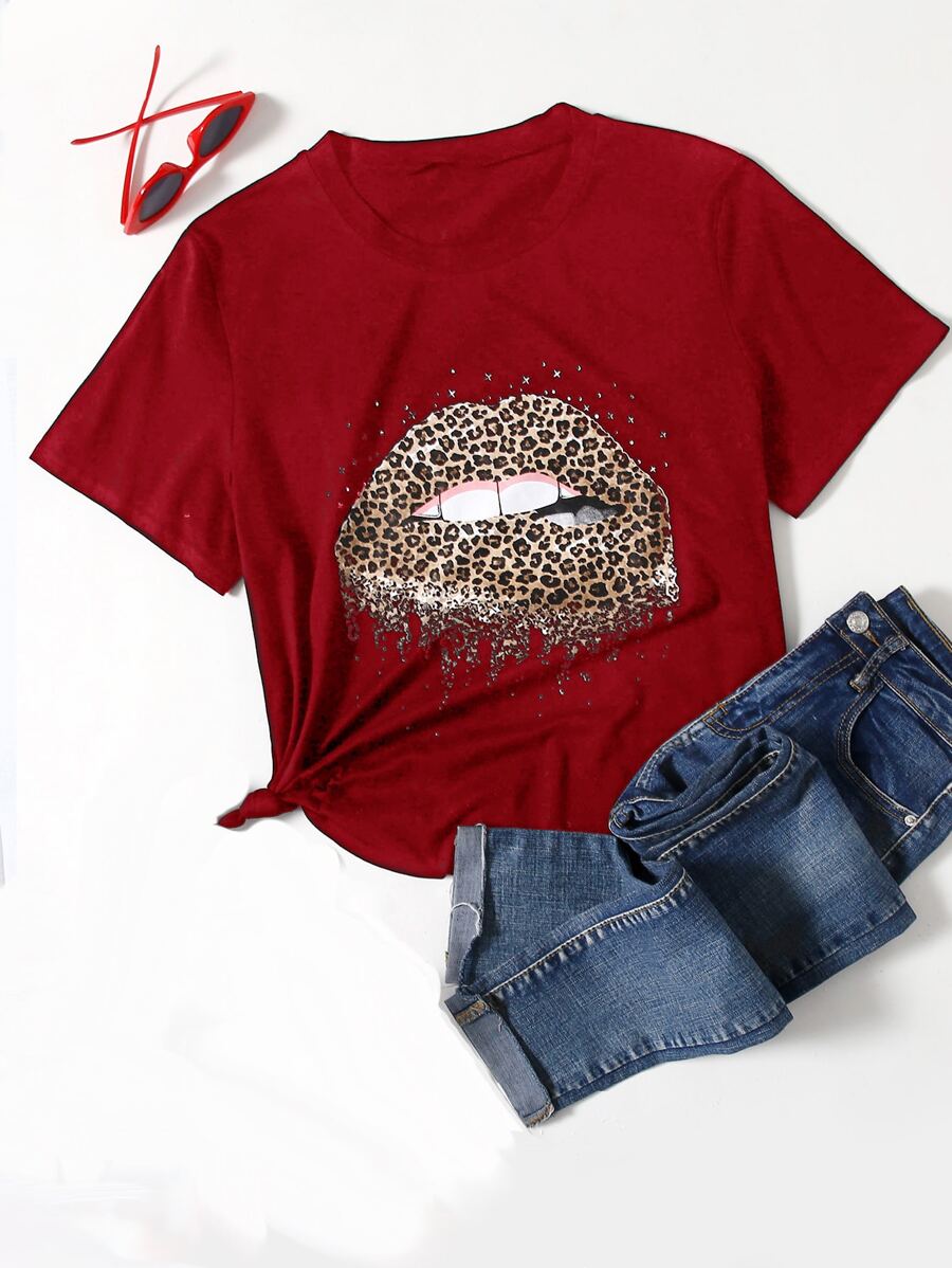 SHEIN LUNE Plus Leopard And Mouth Graphic Tee - Red - View 1