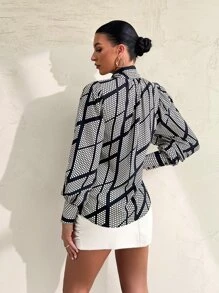 SHEIN BIZwear 波卡圓點和幾何印花燈籠袖襯衫工作服 - 黑與白 - 查看 2